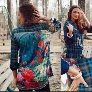 Johnny Was Plaid Scarf Back Floral Button Down NWT